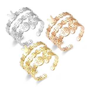 Three-color titanium open rings featuring hollow lucky characters and rabbit motifs