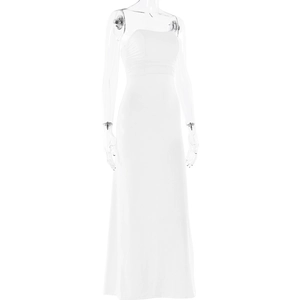 Detailed view of white strapless maxi dress featuring elegant pleated bust and slim fit