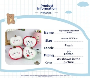 Detail view of plush apple coin purse with size specs and soft material texture