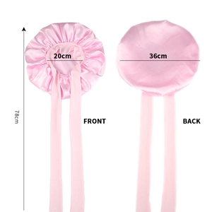Pink satin hair bonnet with long ties, front and back view with product dimensions