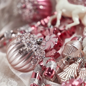 Pink Christmas ornaments set with glitter and beads for tree decoration, multiple shapes