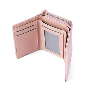 Pink quilted trifold wallet for women with zipper pocket and multiple card slots