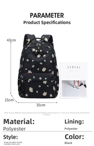 Detailed dimensions for the black daisy print backpack showing height 43cm and width 35cm