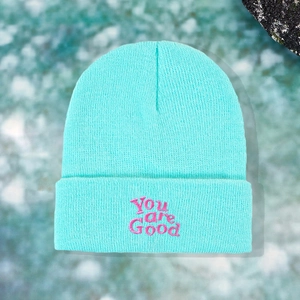 Mint green knit beanie with pink 'You are Good' embroidery on a stylish cuffed brim