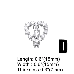 Macro detail of heart-shaped Virgin Mary charm with cubic zirconia and dimensions