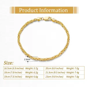 S925 sterling silver 2.5mm flat Byzantine chain size chart with length and weight info