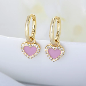 Boucles d'Oreilles Cœur en Émail Rose en Argent Sterling 925 pour Femmes Plaqué Or Argent Strass Bijoux Délicats Cadeau