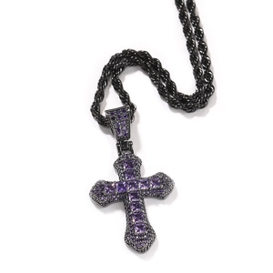 Hip hop black cross pendant necklace with purple zircons on a durable rope chain for men