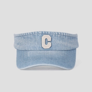 Detailed close-up of light blue denim sun visor with white towel embroidered C letter
