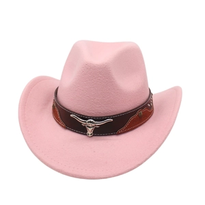 Detail of pink wool cowboy hat featuring a silver longhorn bull head metal ornament
