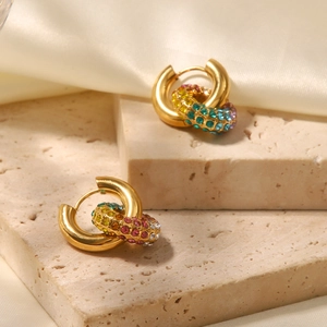 18k gold plated hoop earrings with multicolored crystals on a stone and silk display
