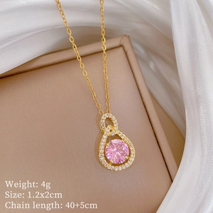 Detail showing weight 4g and dimensions of the pink zircon necklace on silk