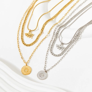 Three-layer stainless steel sun pendant necklace set in gold and silver finishes