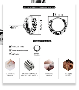 Detailed specs of stainless steel skull earrings showing 17mm diameter and material info