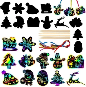 Kit d'art à gratter de Noël avec formes arc-en-ciel, stylets en bois et rubans colorés