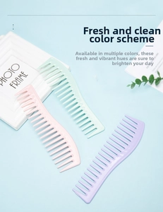 Three wide-tooth combs in pastel pink, mint, and purple on a fresh blue background