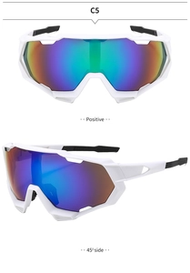 Front and 45-degree side view of white frame cycling sunglasses with colorful gradient lenses