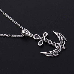 Polished silver anchor pendant necklace with rope and wings detail on twisted chain