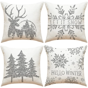 Housses De Coussin De Noël Argent Paillettes Flocon De Neige Renne Lin Taies Pour Canapé Déco Maison Hiver
