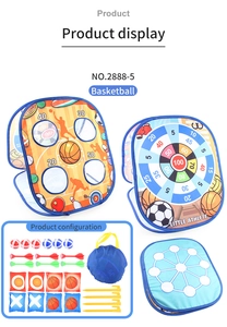 Detailed set of dinosaur bean bag toss game including sticky balls, darts, and target tent