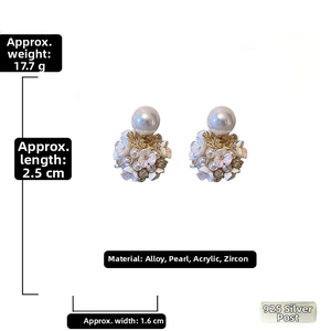 Detailed view of silver needle flower earrings with zircon, pearls and alloy base