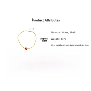 Yellow beaded necklace with red flower pendant and size chart details for length adjustment