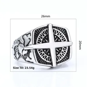 Detail view of vintage punk stainless steel compass ring with 26x20mm face size