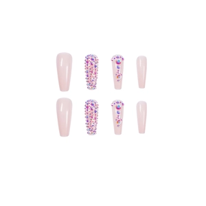 Nude pink long coffin press-on nails featuring sparkling rhinestone crystal designs