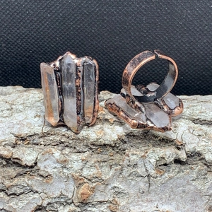 Retro adjustable bronze rings set with three raw hexagonal natural white crystal quartz stones
