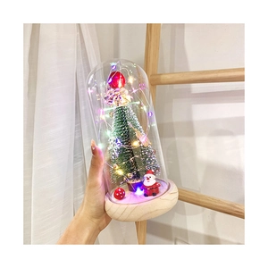 Handheld Christmas tree glass dome with colorful LED lights and miniature Santa on wood base