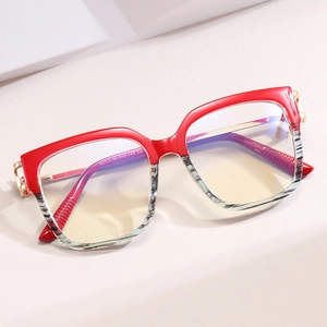 Chic red and black striped oversized optical frame glasses with gold metal accents