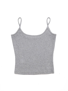 Detail of grey ribbed knit camisole top featuring thin straps and soft fabric texture