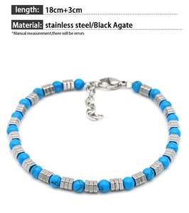 Detail of blue turquoise beads with stainless steel spacers and 3cm extension chain