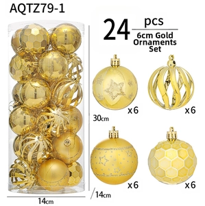 Detailed set of 24 gold 6cm Christmas balls in four textures with packaging dimensions