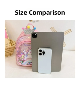Pink unicorn kids backpack shown next to a tablet and phone for size comparison
