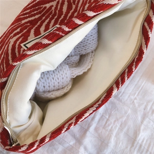 Detail of red and white zebra print chenille pouch showing metal zipper and inner lining