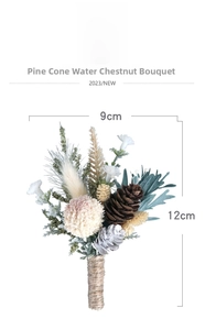 Detail of forest style wedding corsage with natural pine cones and linen rope handle