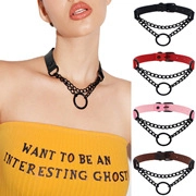 Gothic PU leather collars with metal chains and O-rings in black, red, pink, and brown colors