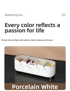 Modern porcelain white four-compartment seasoning box with clear lids and gold feet