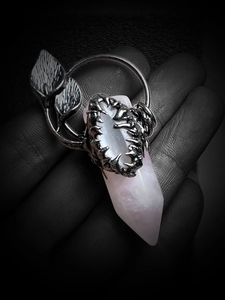 Gothic silver-plated rose quartz hexagonal crystal pendant with leaf claw texture