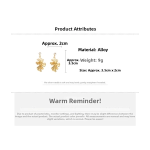 Detailed view of matte gold ginkgo leaf earrings with S925 silver needles and dimensions