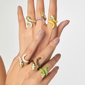 Hip hop style snake-shaped open rings with colorful enamel and crystal inlays for women