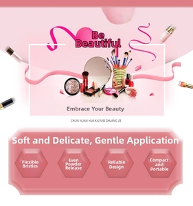Detail showing soft synthetic bristles and portable design of this pink makeup brush