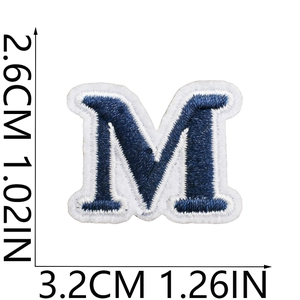 Mini navy blue embroidered letter M patch with white border for DIY clothing decoration