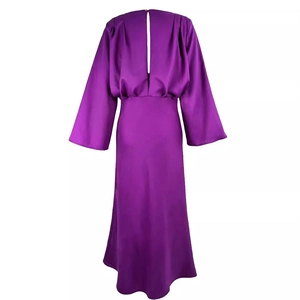 Elegant purple satin maxi dress with long sleeves and deep V-back on ghost mannequin