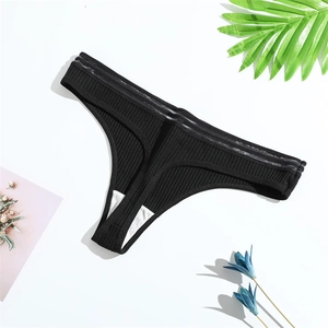 Sexy black ribbed cotton thong for women with a low-waist T-back design and side straps