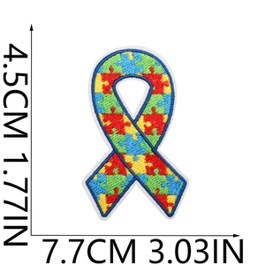 Detailed size view of multicolor puzzle ribbon autism embroidery patch with dimensions