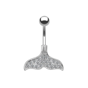 Silver whale tail belly button ring featuring sparkling inlaid diamonds on white background