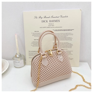 Detail of beige shell jelly bag featuring glossy woven texture and gold chain strap