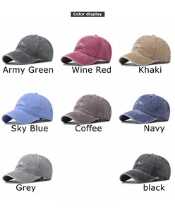 Matrix display of eight washed cotton baseball caps showing various vintage color options